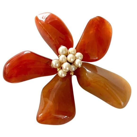 Unbranded Jewelry - Orange Carnelian Flower Brooch Pin Faux Pearl Center Vintage Jewelry 3” MCM